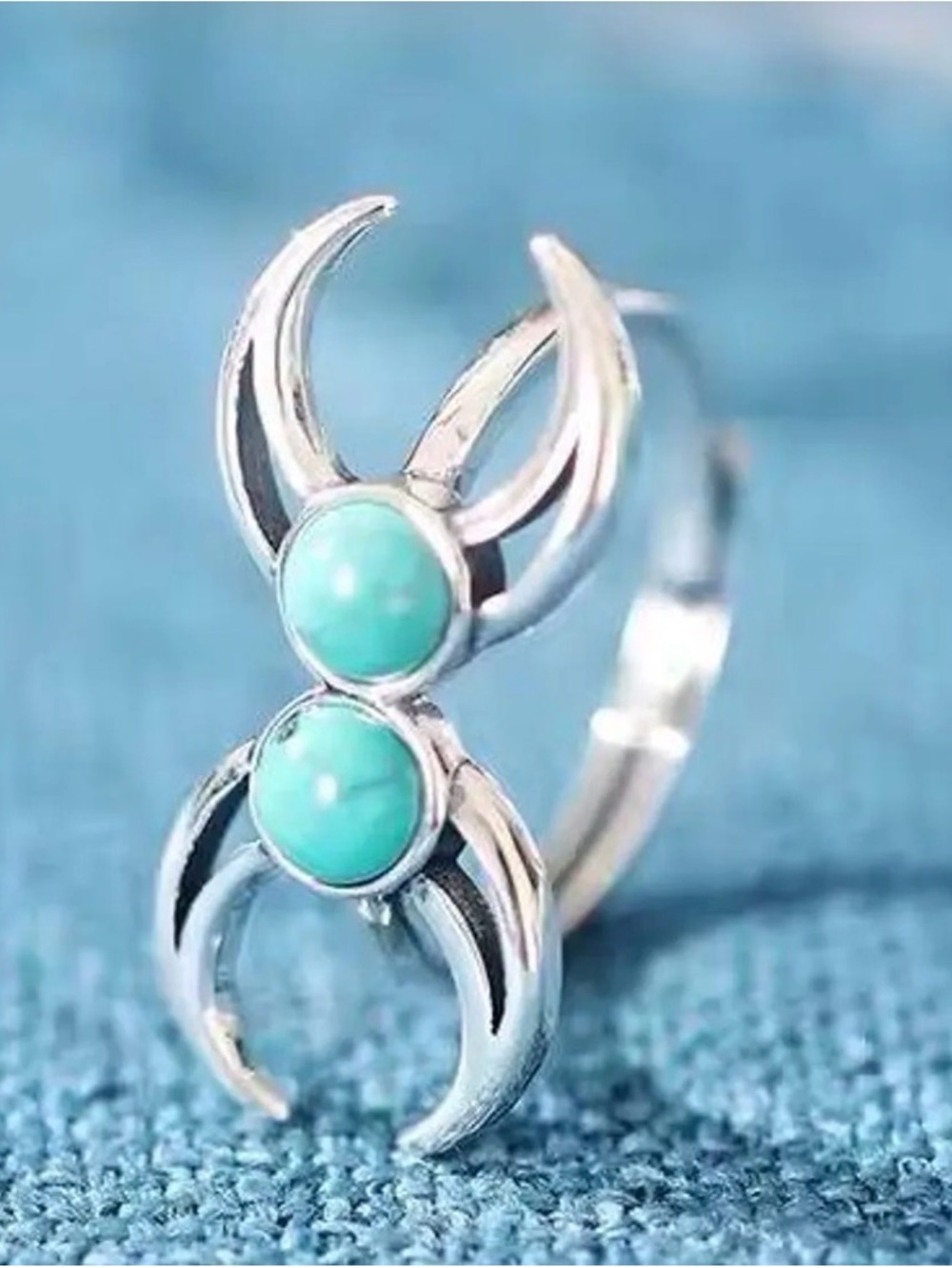 Boho Turquoise Stone Two Moon Silver Plated Woman Ring